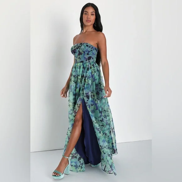Lulus Wonderful Waltz Green Floral Print Strapless Bustier Maxi Dress Sz Lg NWT - Picture 3 of 11